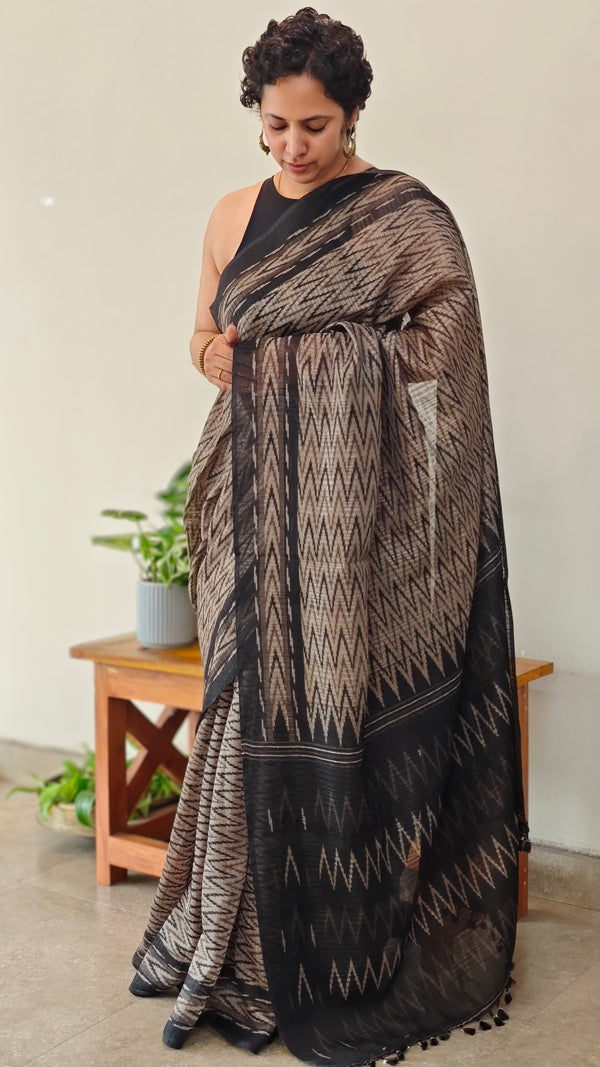 Black and beige blended linen saree