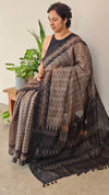 Black and beige blended linen saree