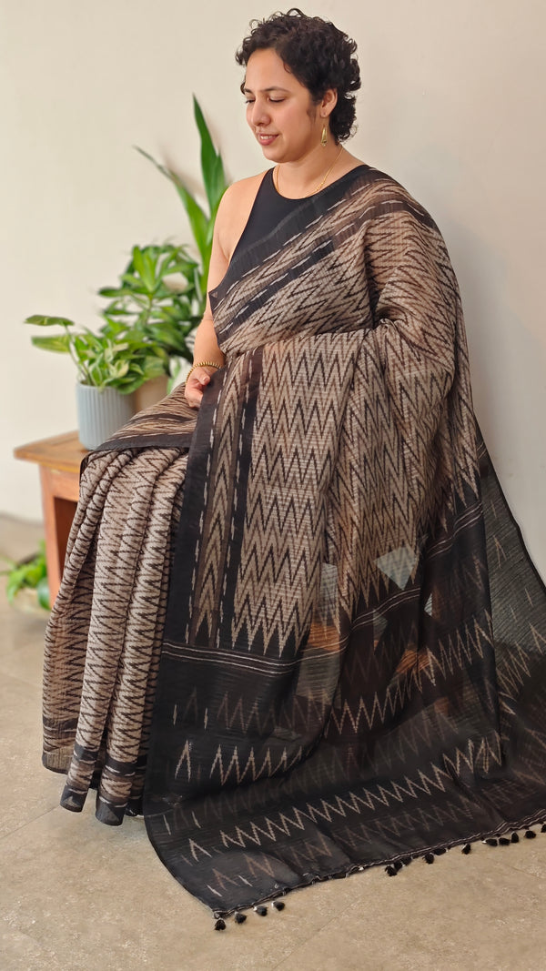 Black and beige blended linen saree