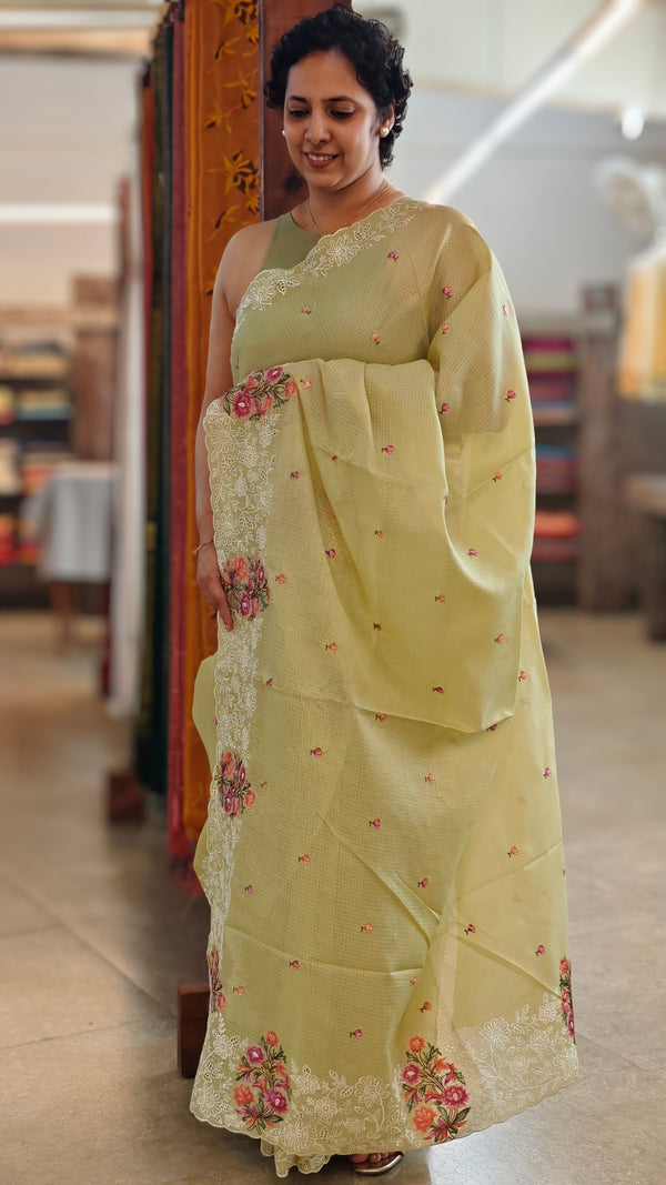 Pista green embroidered net kota saree
