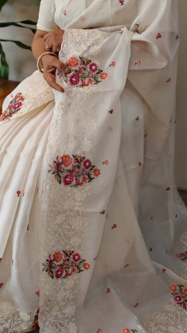White embroidered net kota saree