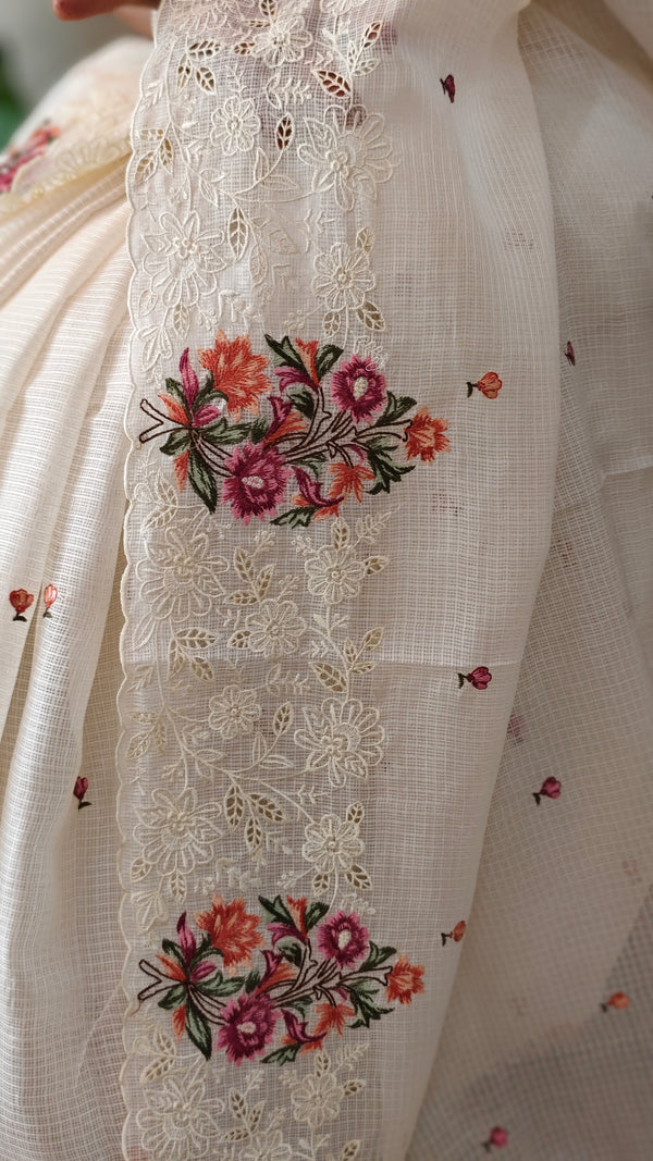 White embroidered net kota saree