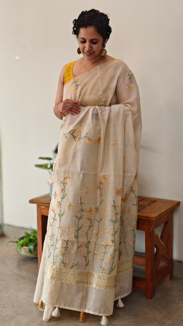 Light Beige and mustard Linen chanderi saree - X32