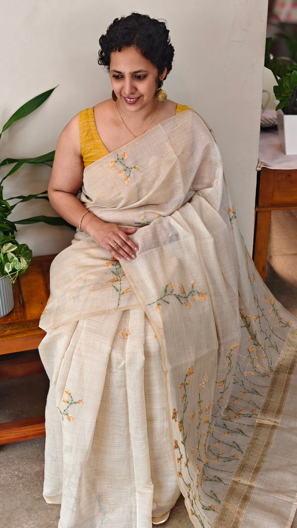 Light Beige and mustard Linen chanderi saree - X32