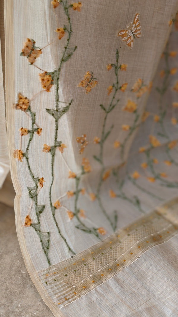 Light Beige and mustard Linen chanderi saree - X32