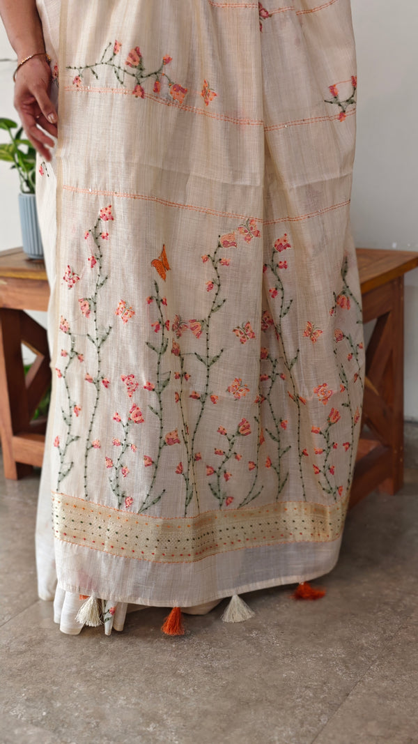 Light beige and Peach linen chanderi saree - X32