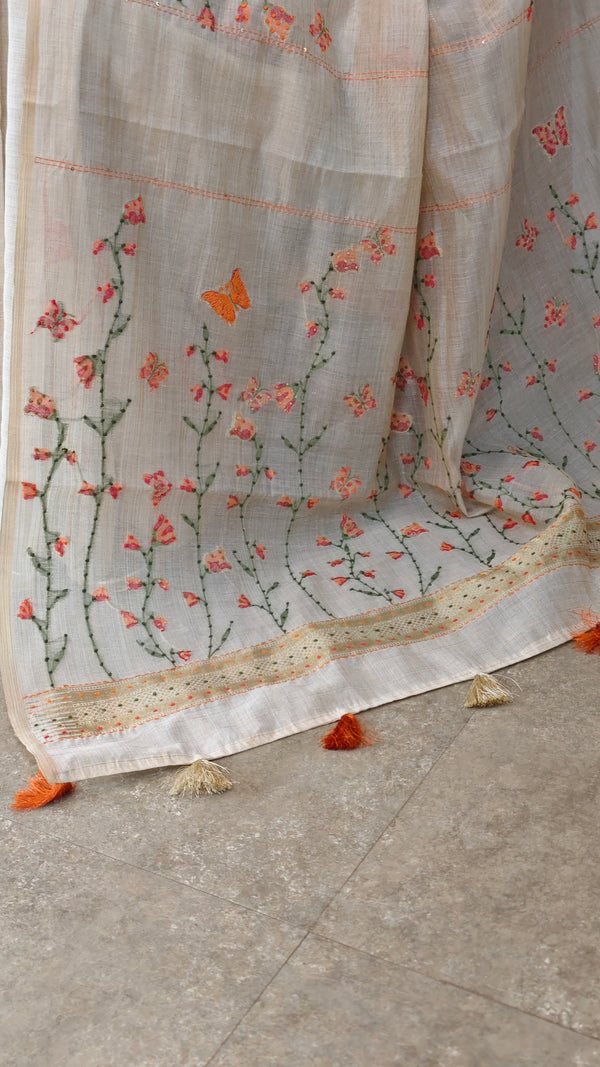 Light beige and Peach linen chanderi saree - X32