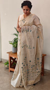 Light beige and Teal linen chanderi saree - X32