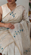 Light beige and Teal linen chanderi saree - X32