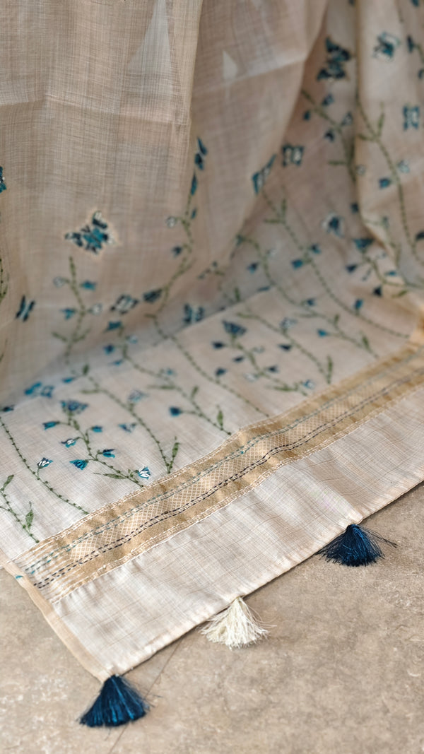 Light beige and Teal linen chanderi saree - X32
