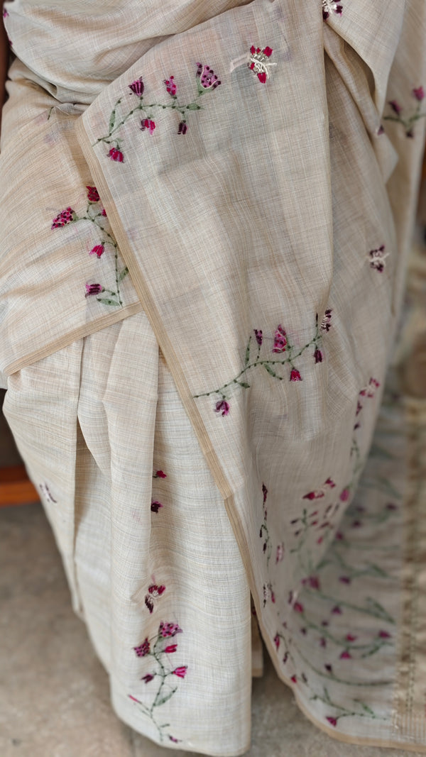Light Beige and Dark pink linen chanderi saree - X32