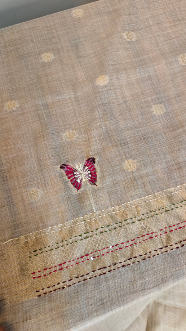 Light Beige and Dark pink linen chanderi saree - X32