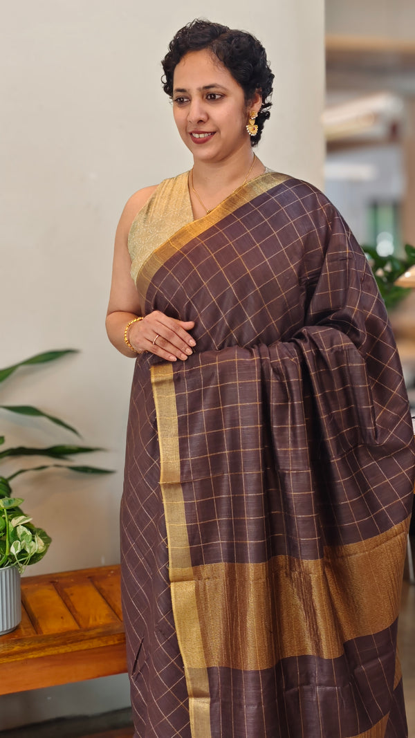 Coffee brown checked bagalpuri silk saree - BPR3