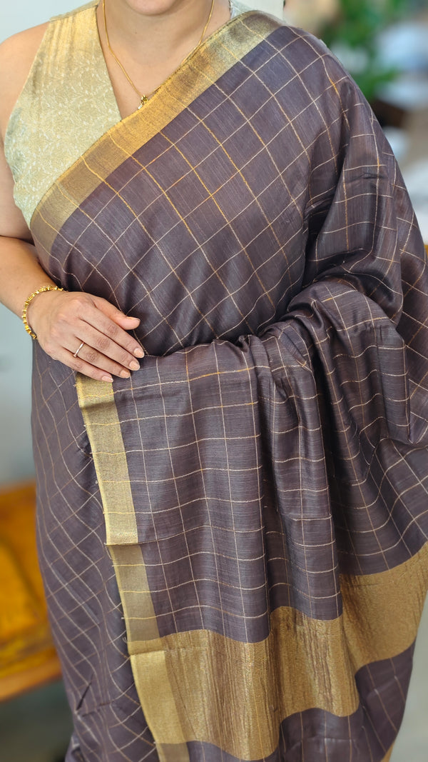 Coffee brown checked bagalpuri silk saree - BPR3
