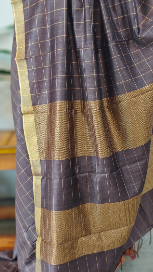 Coffee brown checked bagalpuri silk saree - BPR3