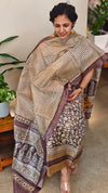Dark mauve and off white printed tussar silk suit