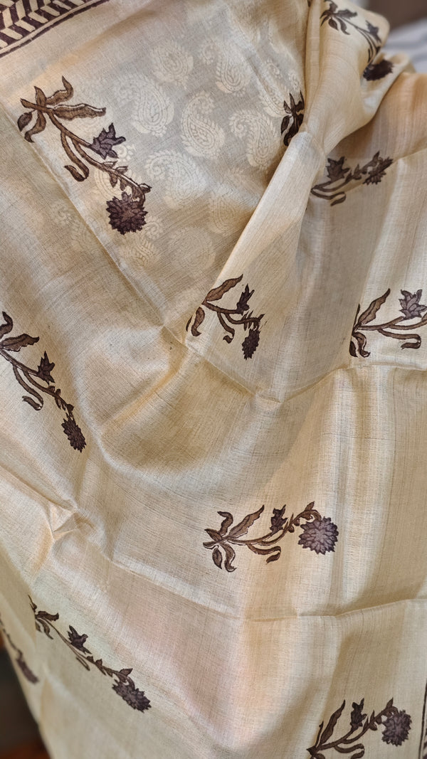 Dark beige and off white printed tussar silk suit