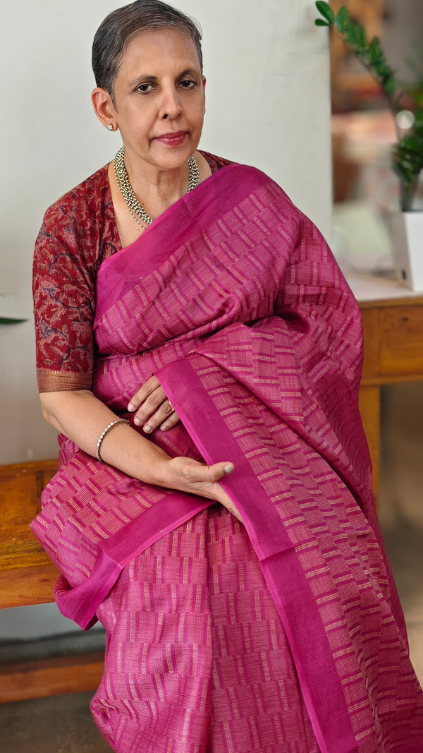 Dark pink lined noil tussar with cross stitch embroidery - S122