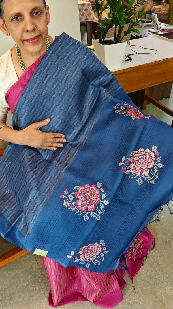 Classic blue lined noil tussar saree - S122