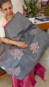 Grey lined noil tussar silk saree - S122