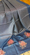 Classic blue lined noil tussar saree - S122