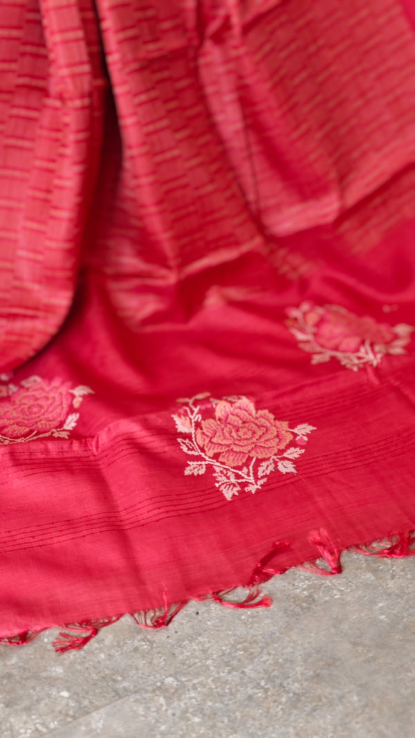 Red lined noil tussar silk saree - S122