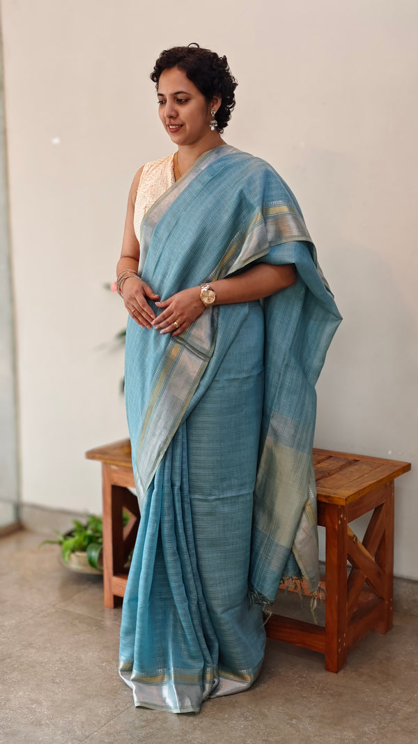 Aegean blue linen silk saree - DR42