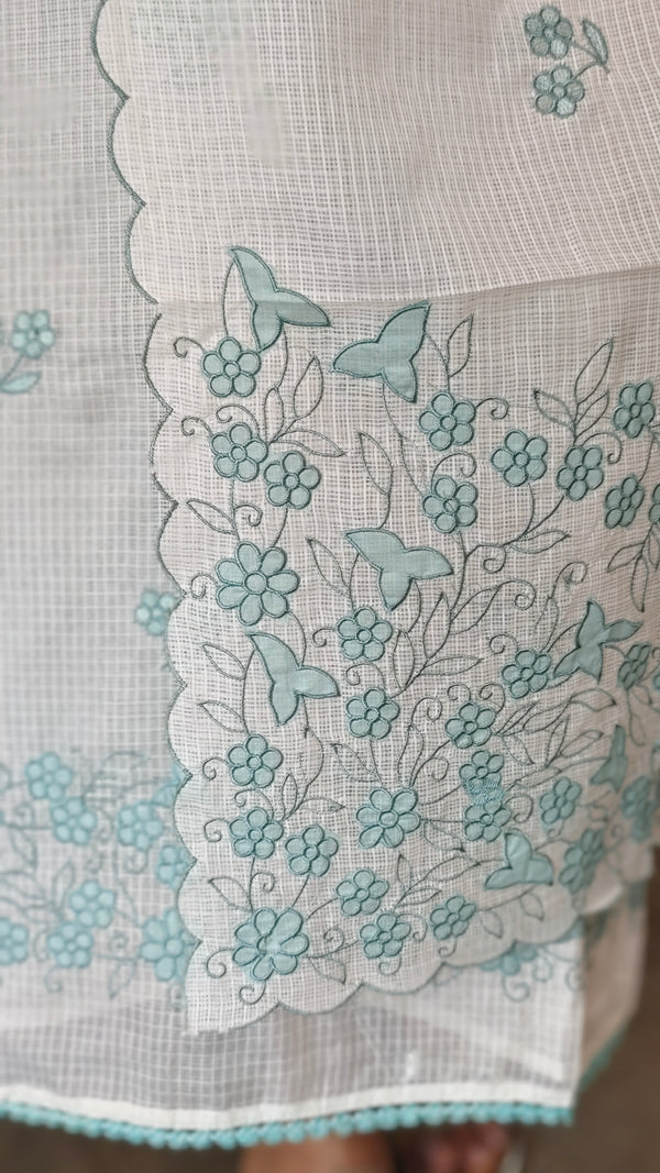 Off white and teal applique net kota suit