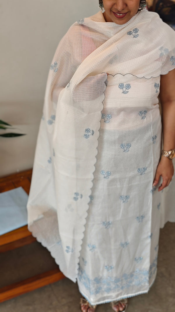 Off White and powder blue Applique net kota suit
