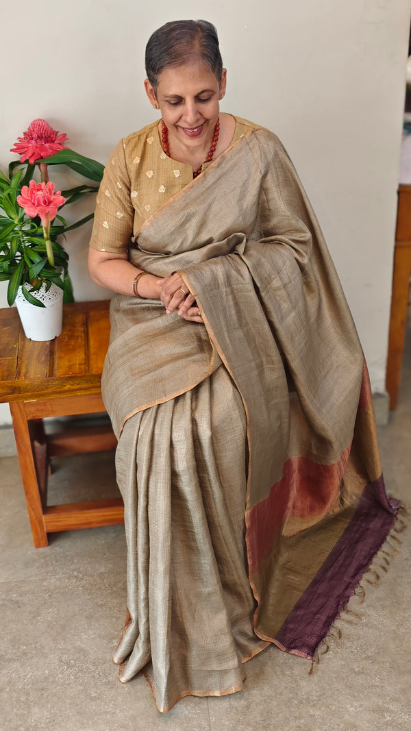 Slate Grey checked tussar silk saree - 25RP