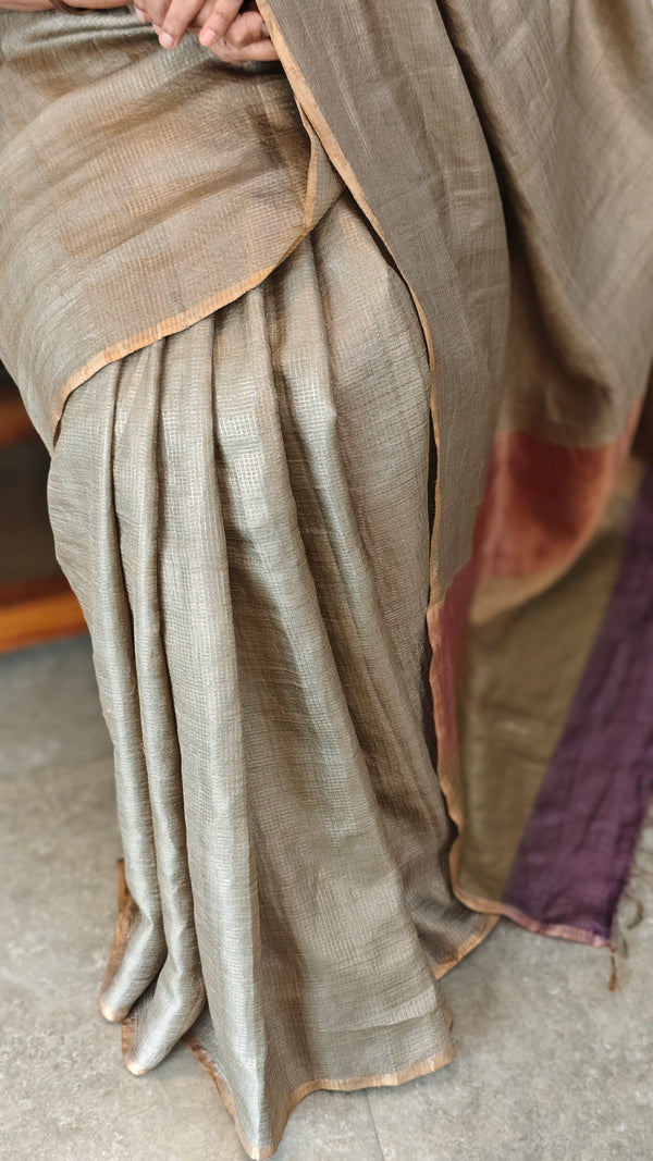 Slate Grey checked tussar silk saree - 25RP