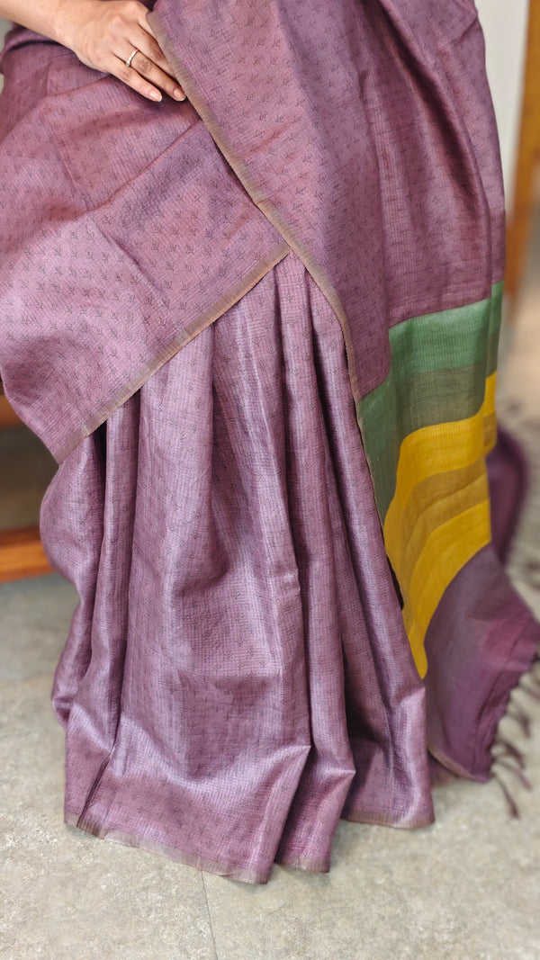 Purple checked tussar silk saree - 25RP