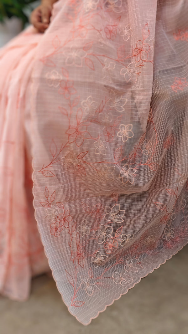Peach embroidered net kota saree - WQ80