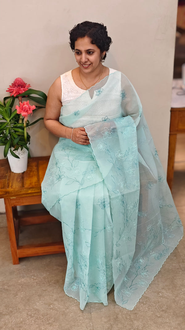 Teal blue embroidered net kota saree - WQ80