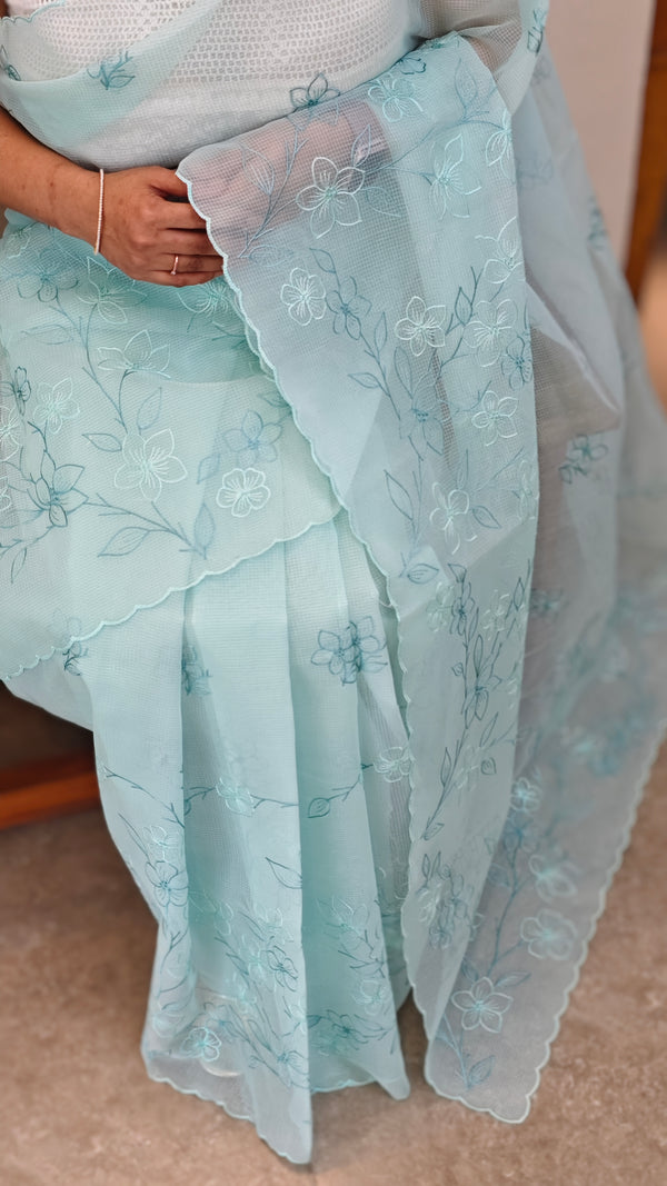Teal blue embroidered net kota saree - WQ80
