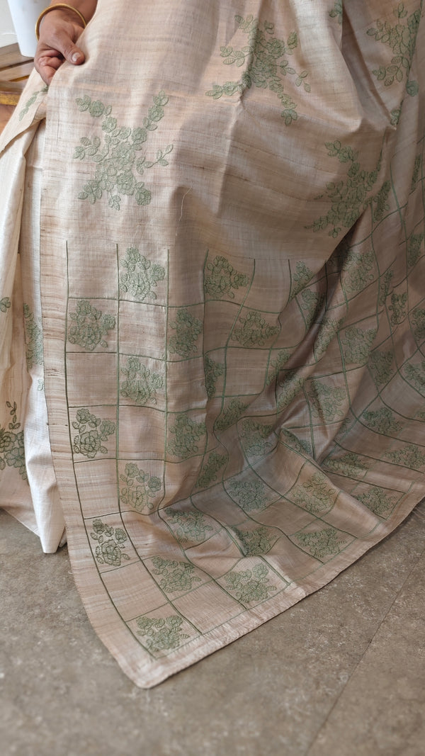 Beige and pista green pure handloom desi tussar silk saree - 692T