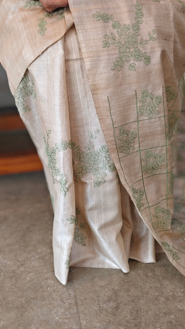Beige and pista green pure handloom desi tussar silk saree - 692T