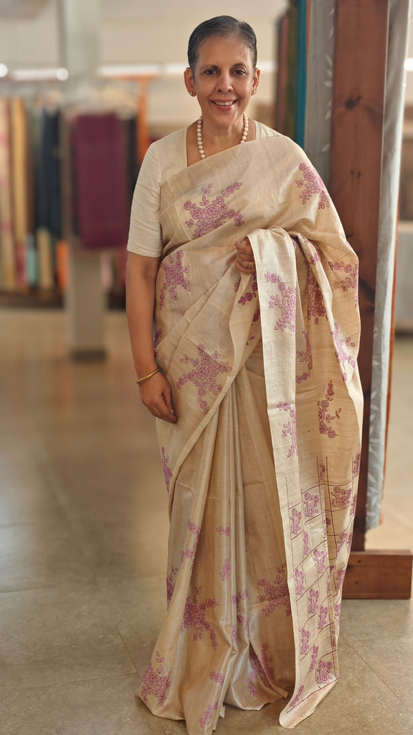 Beige and Lilac pure handloom desi tussar silk saree - 692T