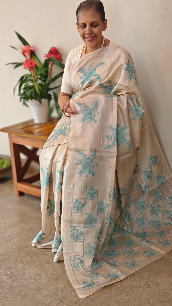 Beige and powder blue pure handloom desi tussar silk saree - 692T