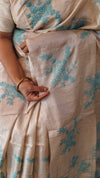 Beige and powder blue pure handloom desi tussar silk saree - 692T