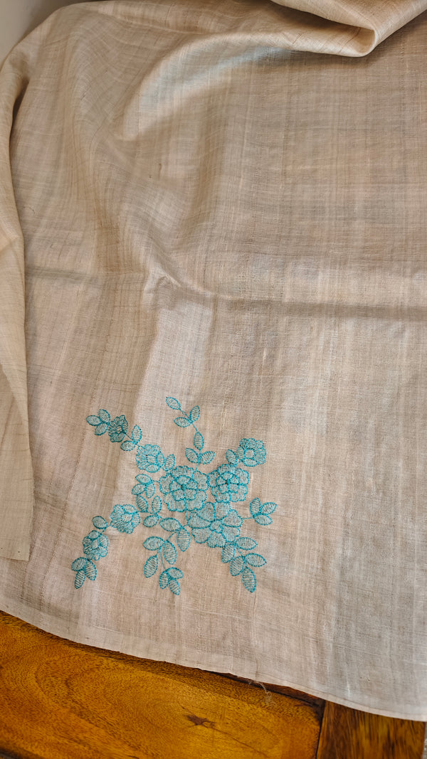 Beige and powder blue pure handloom desi tussar silk saree - 692T