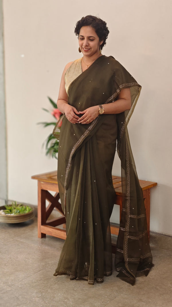 Dark Olive Green Organza saree - TD16
