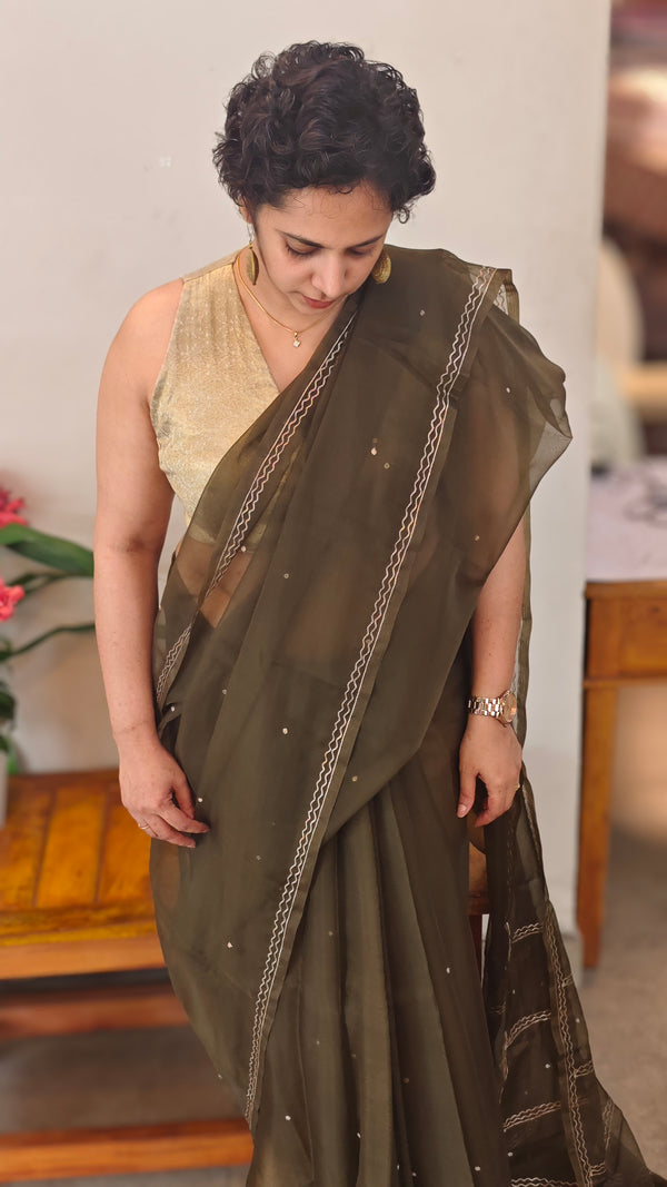 Dark Olive Green Organza saree - TD16