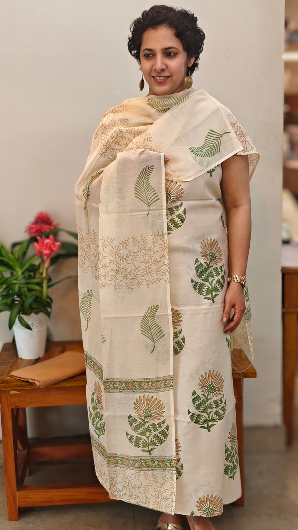 Off white Block printed Chanderi salwar suit