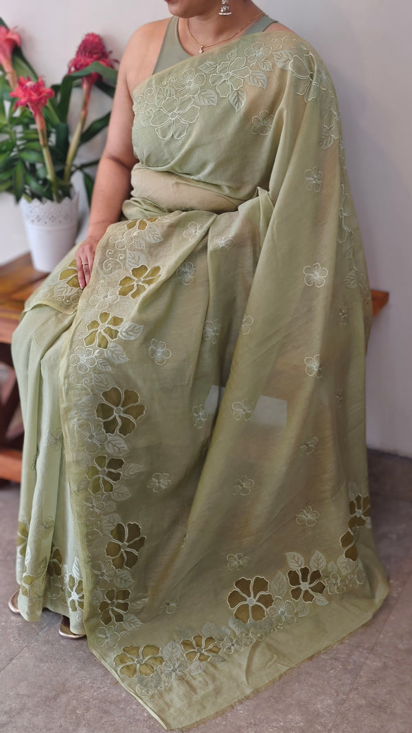 Sage Green mal chanderi Appique saree - MLK9 - G1