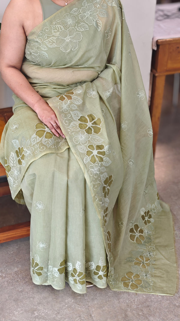 Sage Green mal chanderi Appique saree - MLK9 - G1