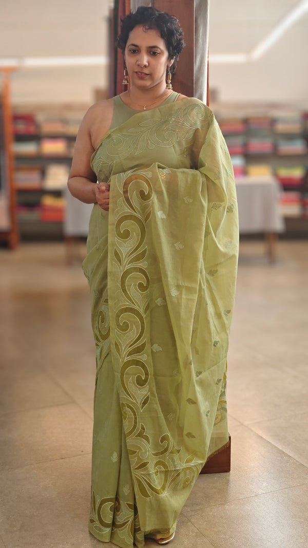 Sage green mal chanderi applique saree - MLK9 - G2