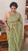 Sage green mal chanderi applique saree - MLK9 - G2