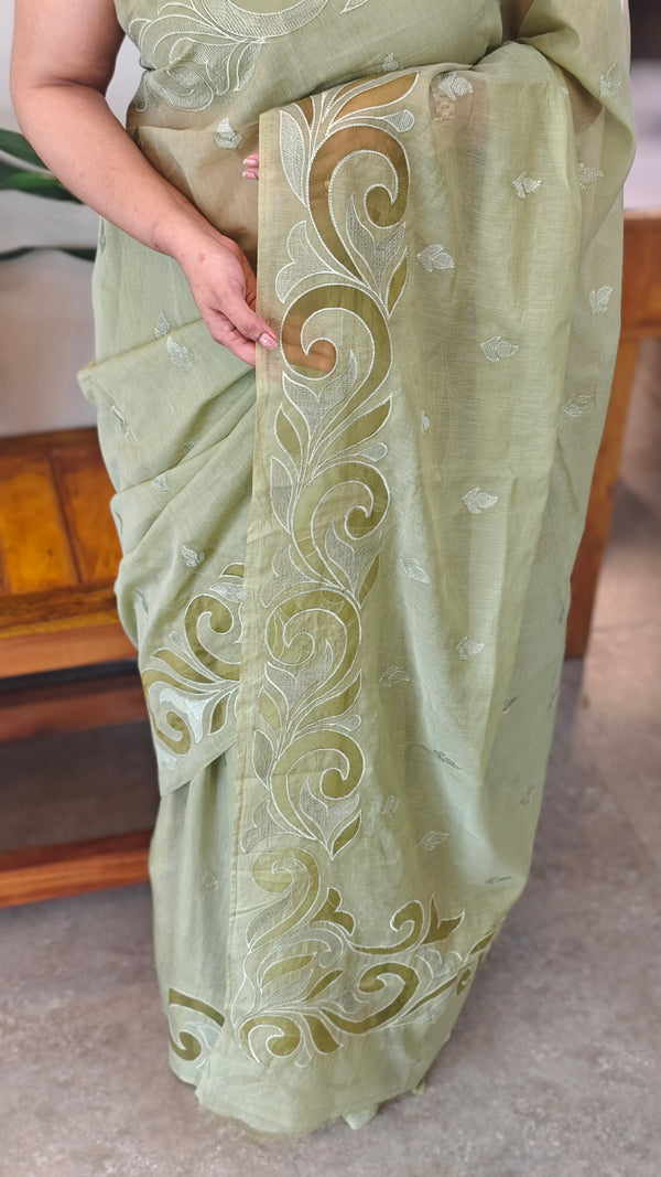 Sage green mal chanderi applique saree - MLK9 - G2