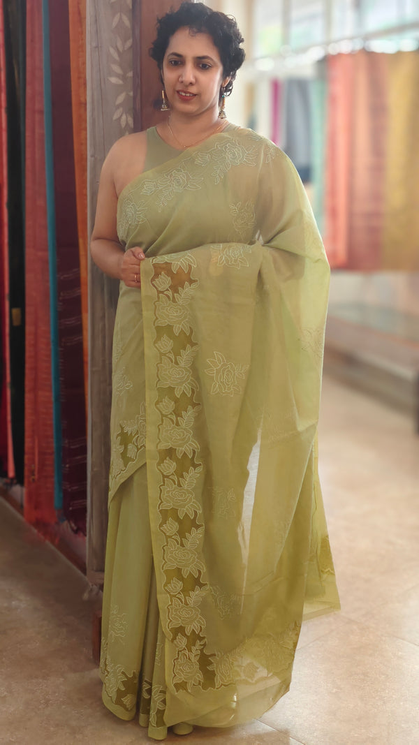 Sage green mal chanderi applique saree - MLK9 - G3